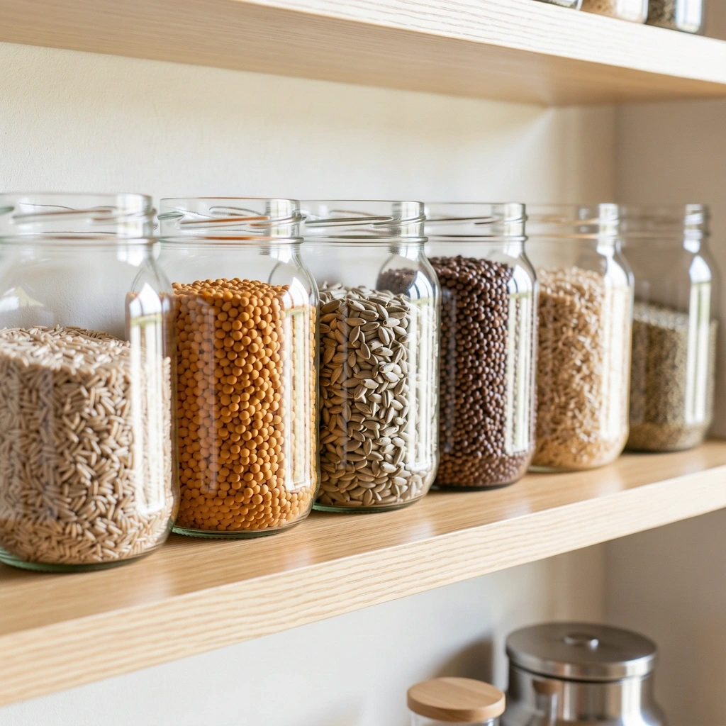 Despensa organizada con granos y semillas